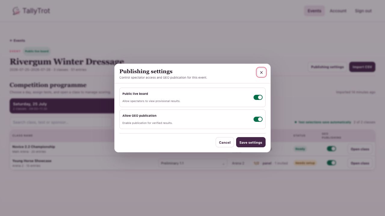 The Rivergum Winter Dressage publishing dialog with the public live board and GEO publication enabled.